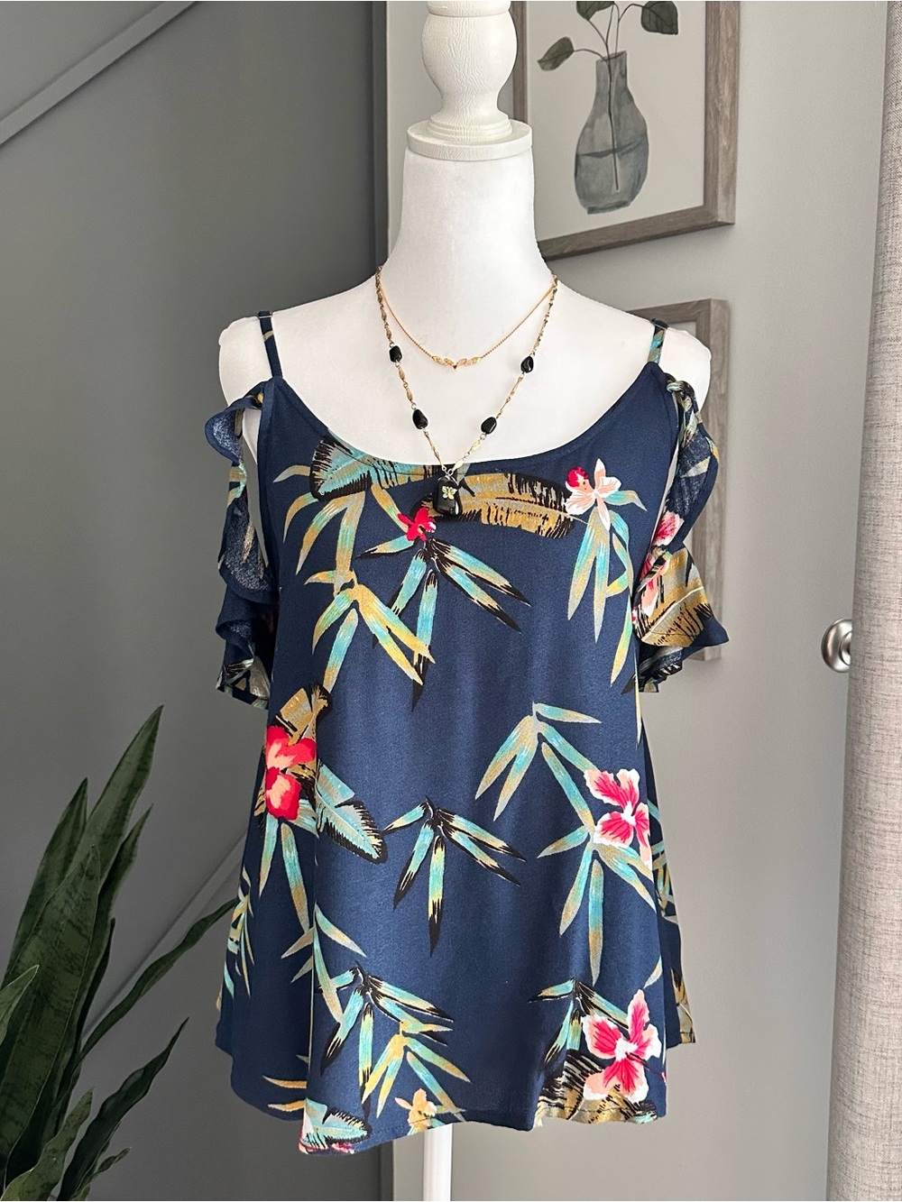 Roxy Navy Tropical Floral Cold-Shoulder Camisole